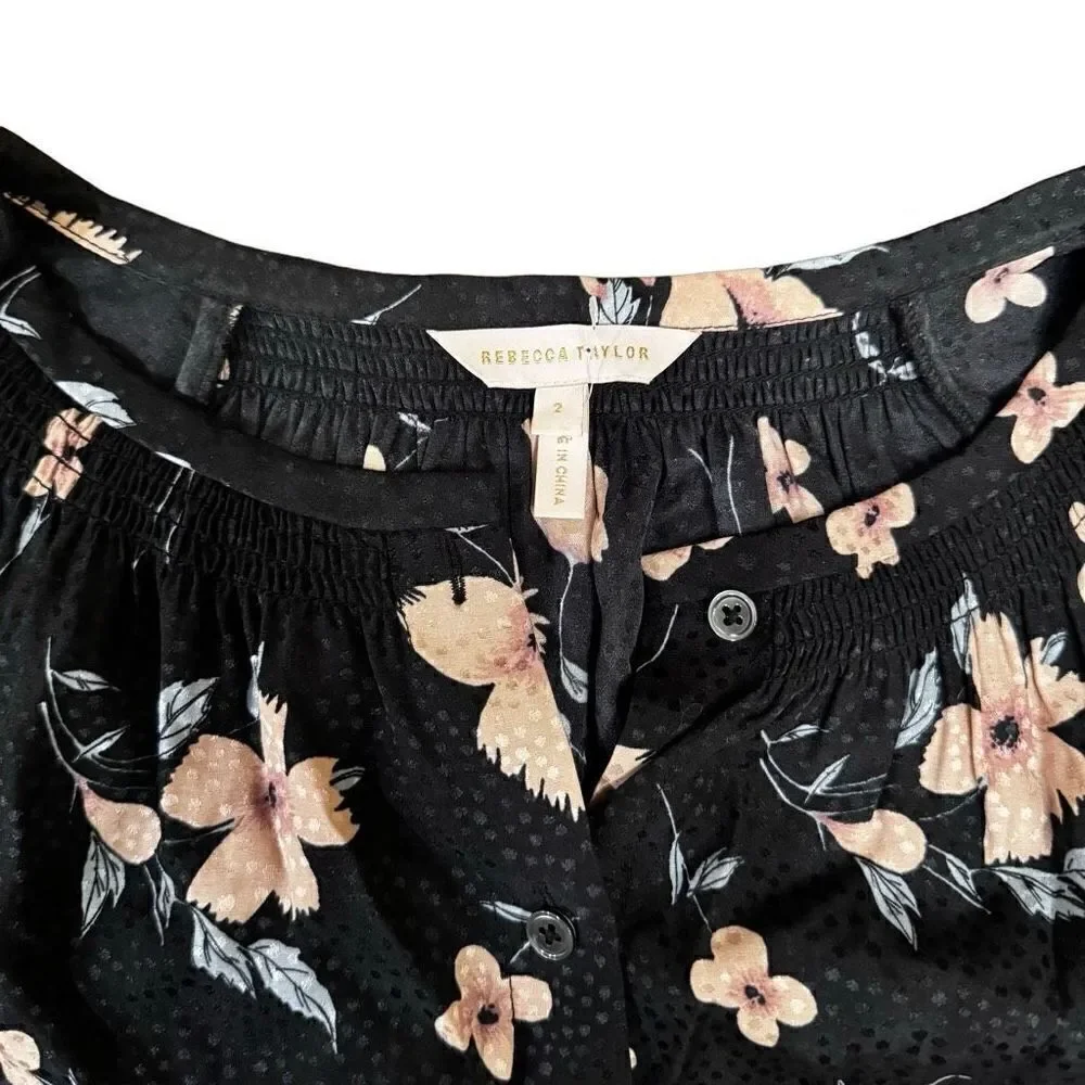 NWOT Rebecca Taylor Black Floral Jacquard Daniella Silk Blouse Size 2 Small